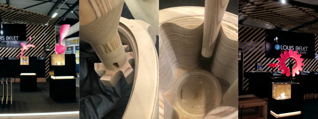 Pièces de coupe en bois, en taille augmentée pour stand d’exposition en Suisse . Louis Belet . 2022 par ATELIER FALHER